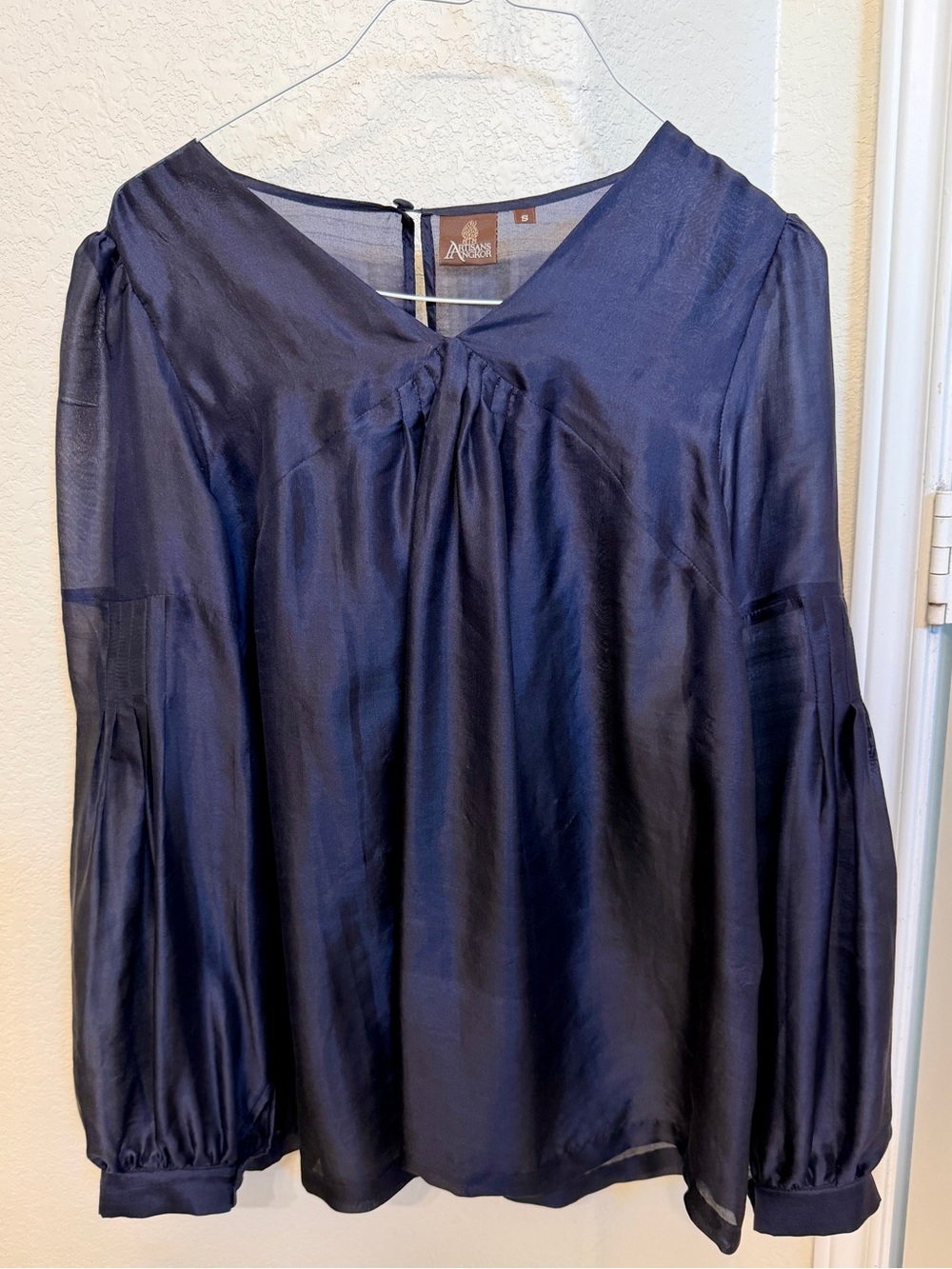 Artisans Angkor Womens Silk Peasant Billowy Blouse Navy Blue Boho Sz Small